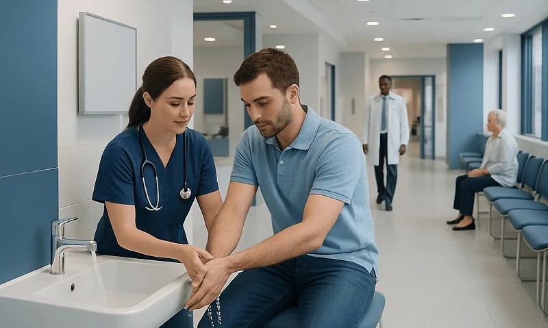Nurse assisting patient with wrist injury in hospital corridor.
