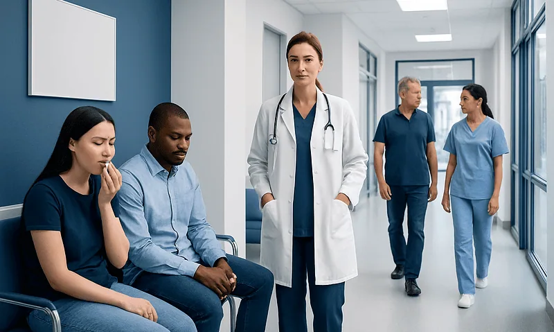 Medical professionals and patients in a hospital corridor at Acibadem Hospitals Group.