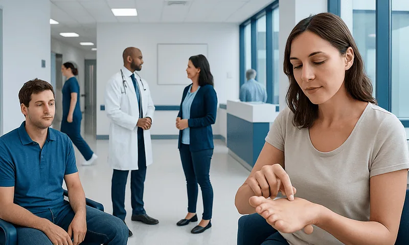 Patient applying cream on her hand in a hospital waiting area.