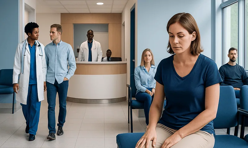 Woman waiting in a hospital corridor with medical staff nearby.