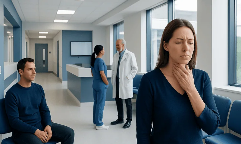 Woman feeling unwell in a hospital waiting area with medical staff nearby.