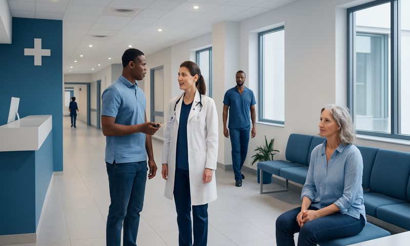 Healthcare professionals and patient in a modern hospital corridor.