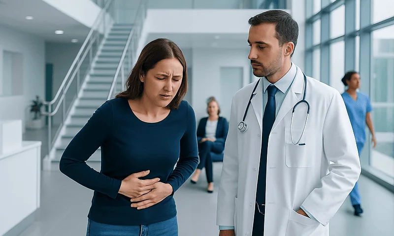 Patient experiencing stomach pain consulting with doctor at hospital.
