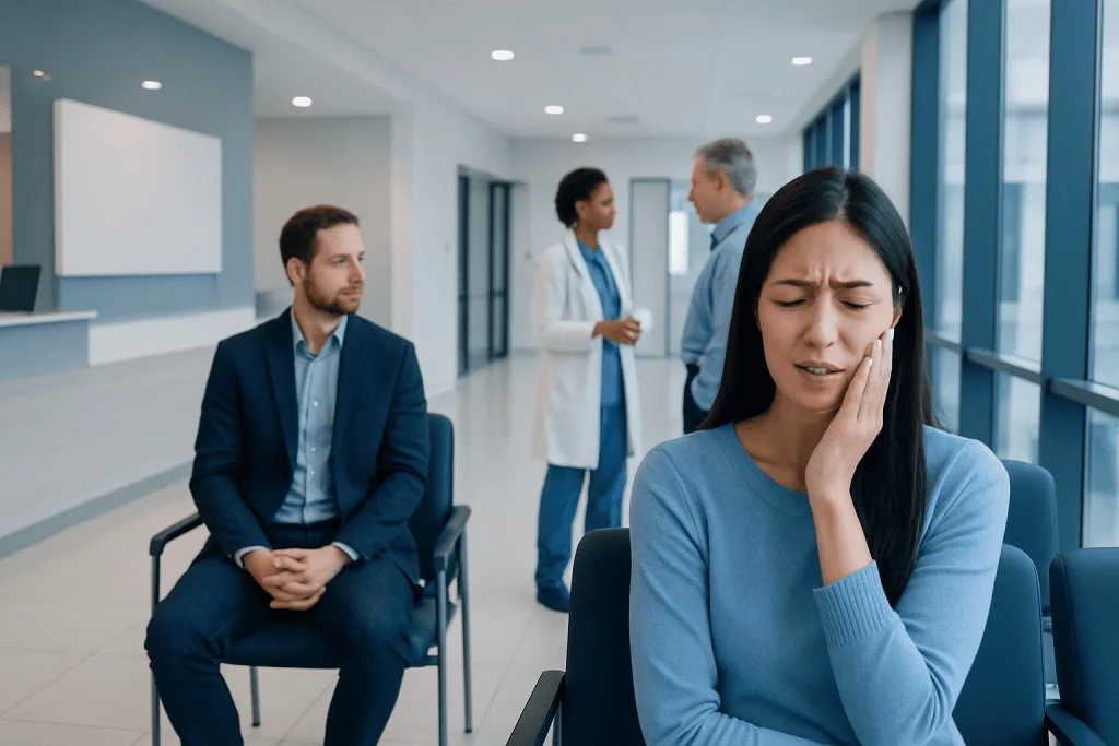 Tooth Hurts Remedy: An Evidence-Based Guide for Patients 1 Woman experiencing tooth pain in a hospital waiting area.