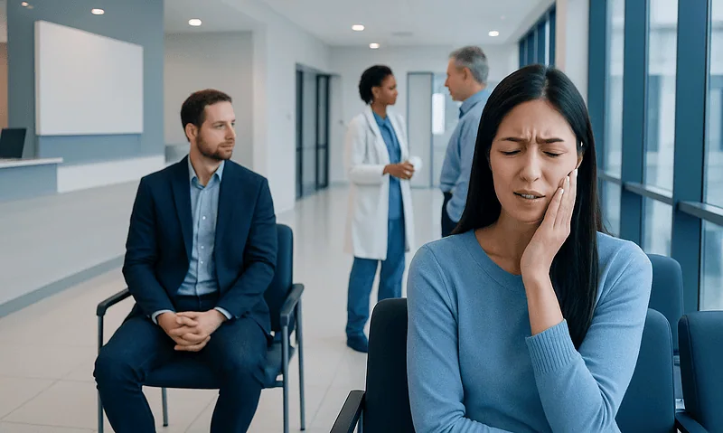 Woman experiencing tooth pain in a hospital waiting area.