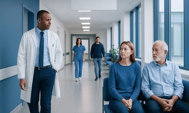 Doctor consulting with patients in a hospital corridor.