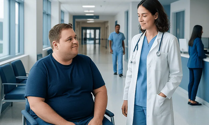 Doctor consulting a patient in a hospital corridor at Acibadem Hospitals Group.