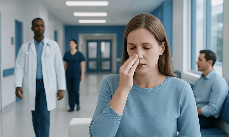 Young woman with nosebleed in hospital corridor, medical staff in background.