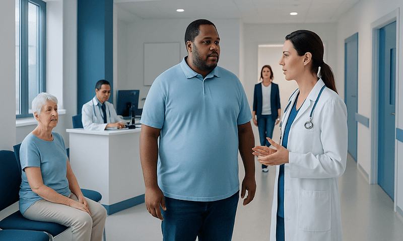 Doctor consulting patient in hospital corridor with elderly woman nearby.