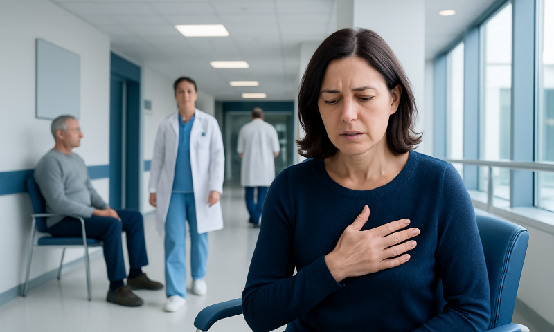 Woman experiencing chest discomfort in a hospital corridor.