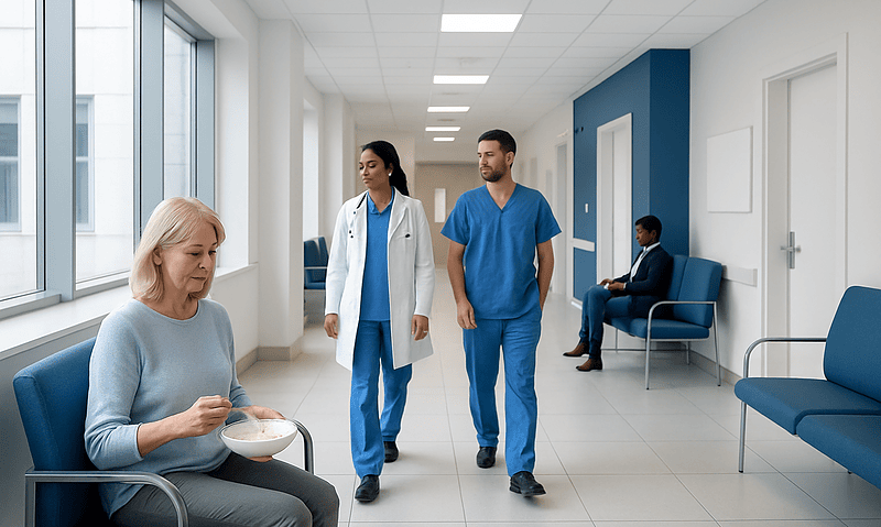 Patients and medical staff in a hospital corridor.