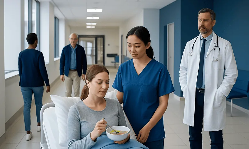 Hospital scene with nurse, patient, and doctor in a modern medical facility.