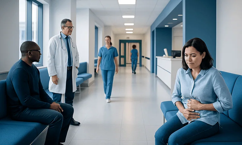 Patient experiencing stomach pain in hospital corridor with medical staff nearby.