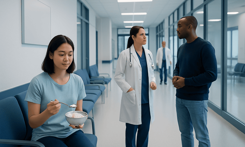 Patient eating in hospital corridor with medical staff nearby.