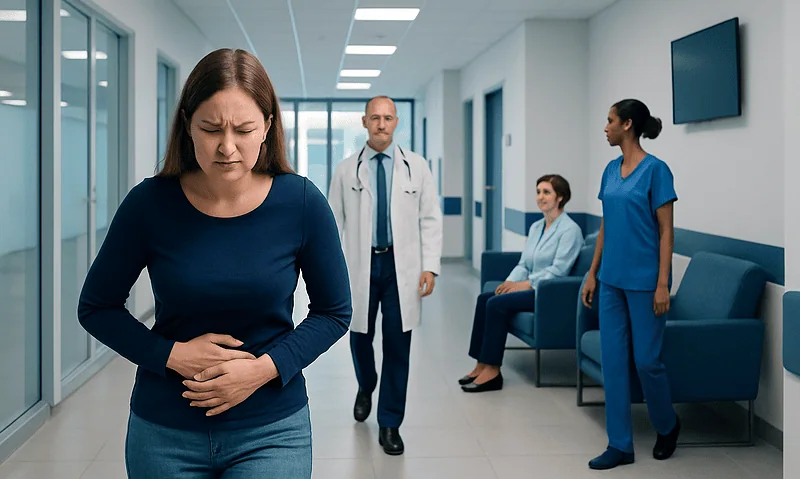 Stomach Flu What to Eat: What the Clinical Research Actually Says 9 Woman with stomach pain in hospital corridor with medical staff nearby.