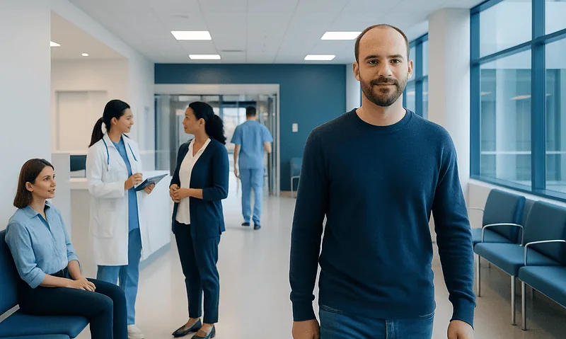 Happy male patient at Acibadem Hospital after hair transplant treatment.