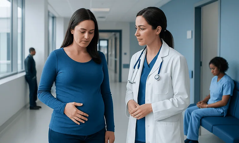 Pregnant woman consulting with a doctor in hospital corridor.