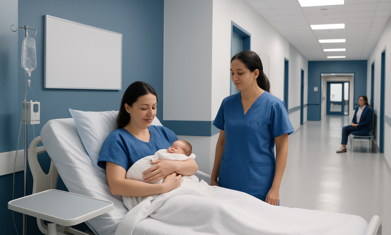 New mother holding her newborn in a hospital room with medical staff nearby.