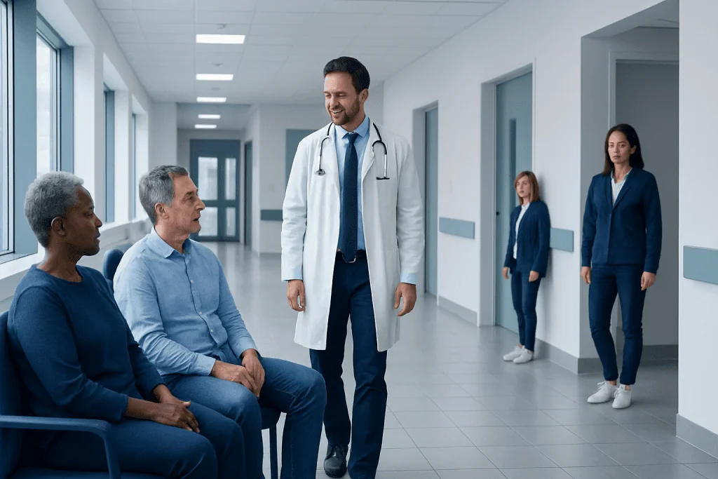 Dental Bridge Recovery: Eating, Cleaning, and Getting Used to Your New Bite 1 Doctor consulting with patients in a hospital corridor.