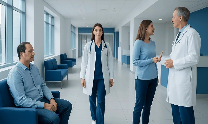 Medical consultation in a modern hospital corridor with doctors and patient.