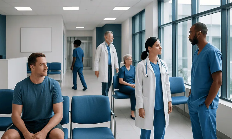 How Long Does It Take to Build Muscle? Causes, Explanations, and Next Steps 6 Medical professionals and patients in a hospital corridor with large windows.
