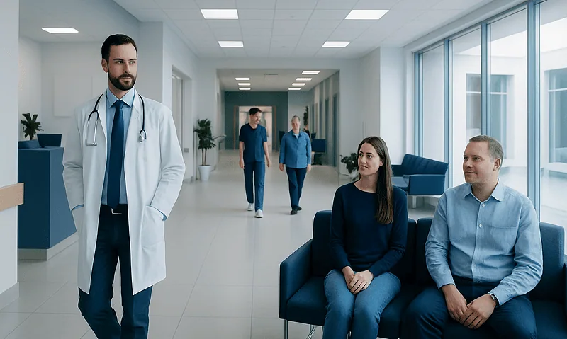 Doctor with patients in a modern hospital corridor.