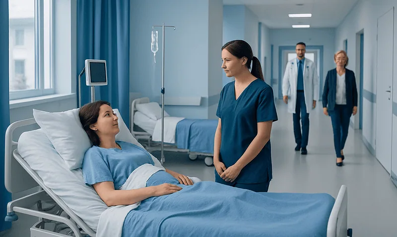 Patient in hospital bed with nurse after gastric sleeve surgery.