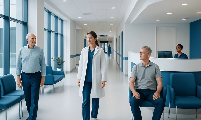 Medical staff and patient in a modern hospital corridor.