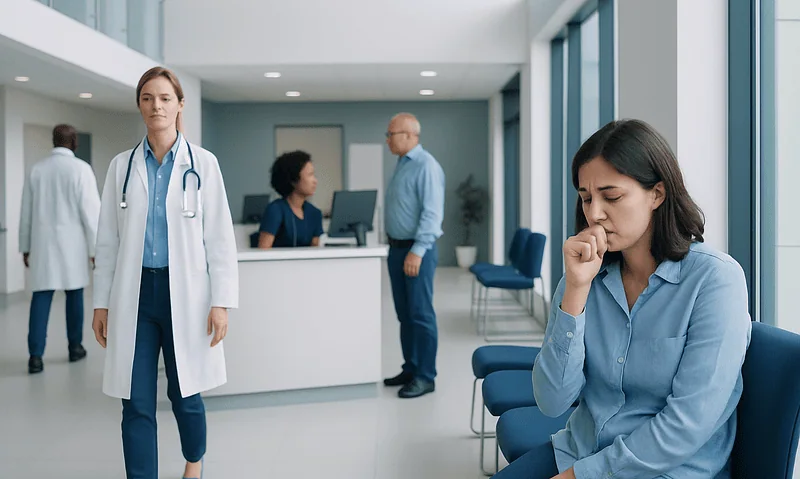 Young woman experiencing discomfort in a hospital waiting area.