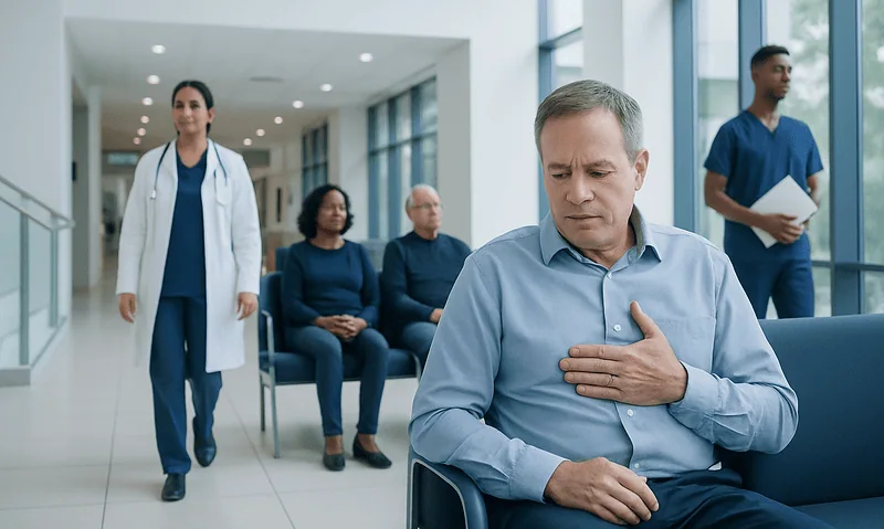 Patient experiencing chest pain in a hospital waiting area.