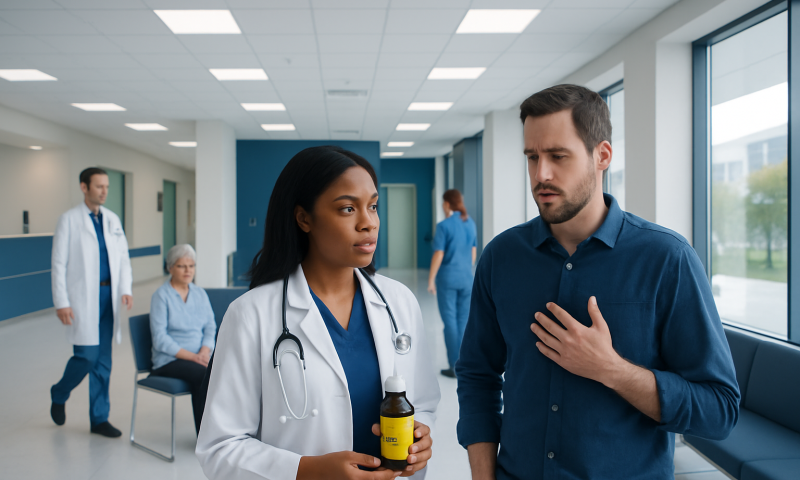 Doctor explaining medication to patient in hospital corridor.