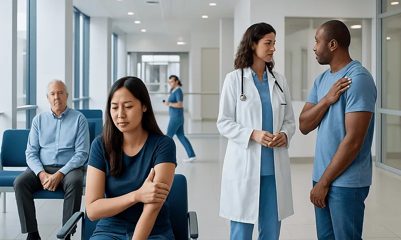 Healthcare professionals and patients in a hospital waiting area.
