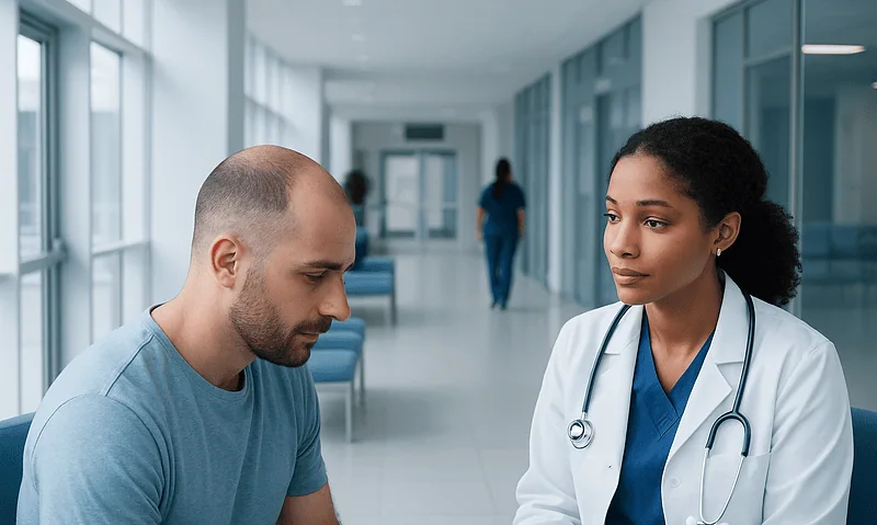 Doctor consulting with patient in hospital corridor.