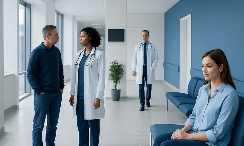 Medical professionals and patient in a hospital corridor.