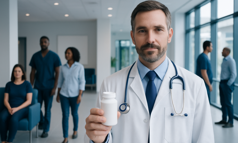 Doctor holding medication in a hospital setting with patients in the background.
