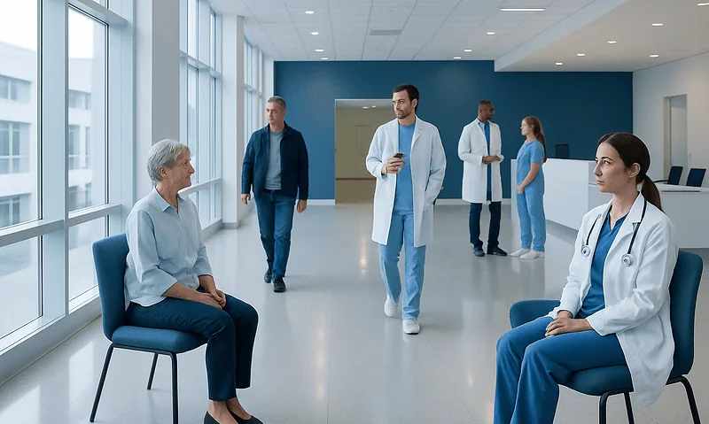 Medical consultation in a modern hospital with doctors and patient.