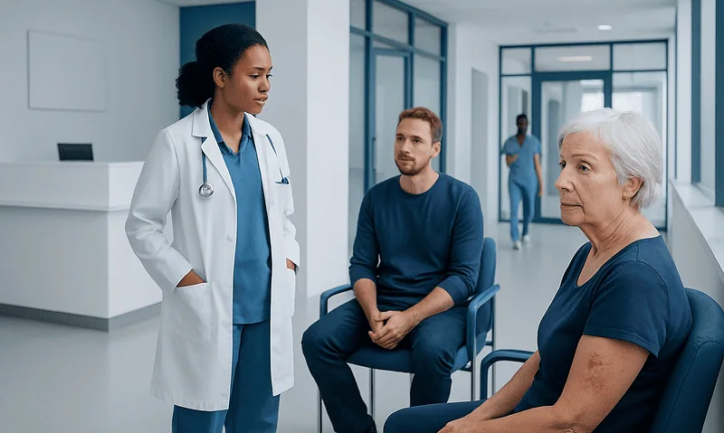Doctor consulting elderly woman and young man in hospital corridor.