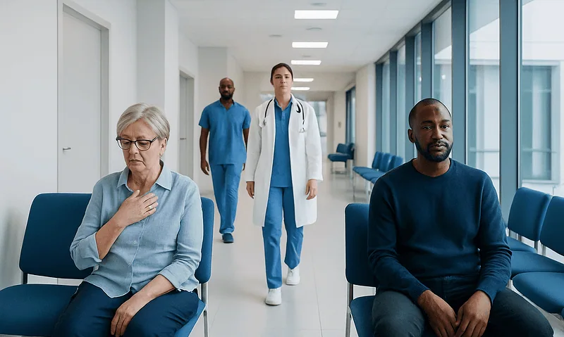 Patients waiting in a hospital corridor with medical staff present.