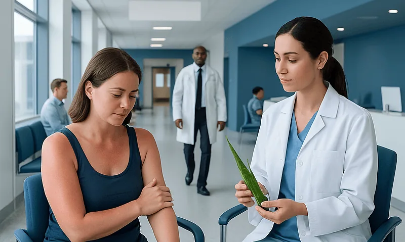 Doctor explaining aloe benefits to patient with sunburn in clinic.