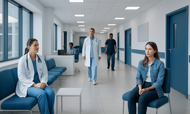 Doctors and patients in a modern hospital corridor.