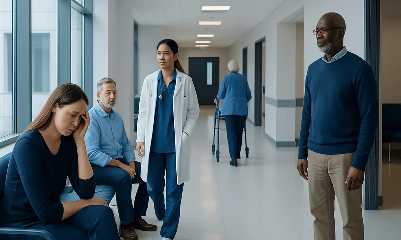 Patients and healthcare professionals in a hospital corridor.