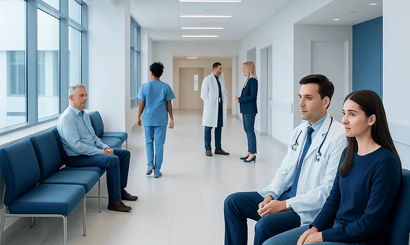 Medical consultation in a modern hospital corridor with doctors and patients.