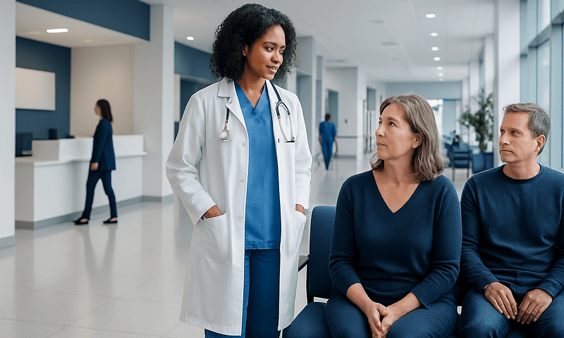 Zepbound Side Effects: Uses, Dosage, and Side Effects — A Clinical Overview 8 Healthcare professional consulting patients in a modern hospital lobby.