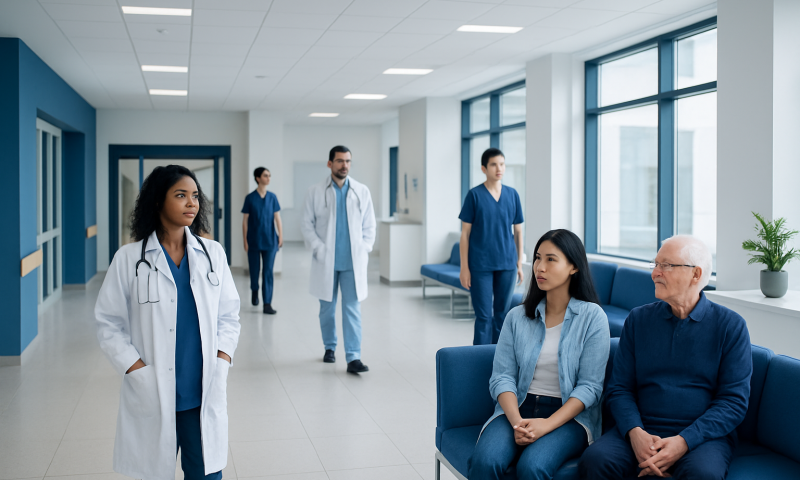 Medical staff and patients in a modern hospital corridor.