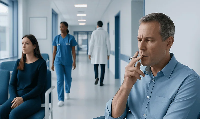 Tobacco: What Patients Need to Know 9 Patient contemplating smoking risks in a hospital corridor.