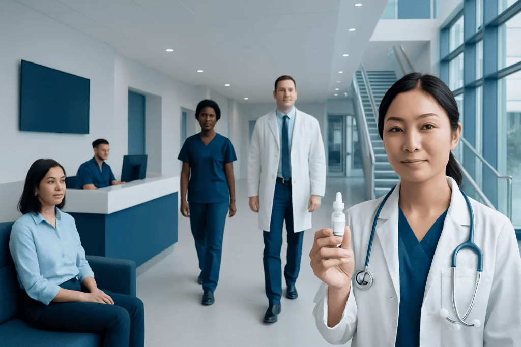 Tobramycin Eye Drops: An Evidence-Based Guide for Patients 1 Medical team in hospital corridor with a nurse holding eye drops.