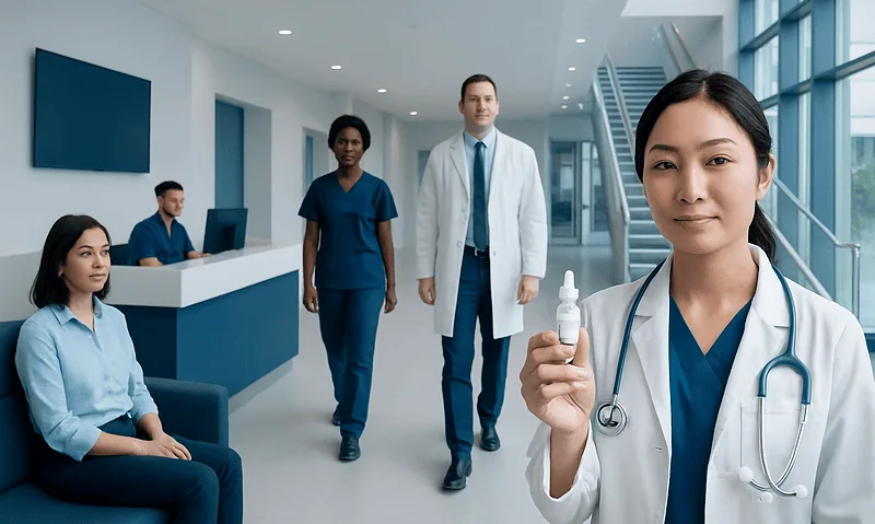 Medical team in hospital corridor with a nurse holding eye drops.