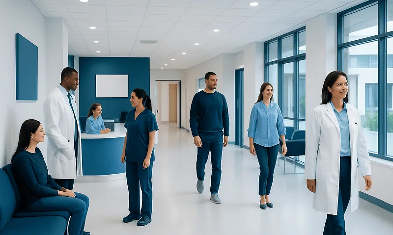 Medical team and patients in a modern hospital corridor.