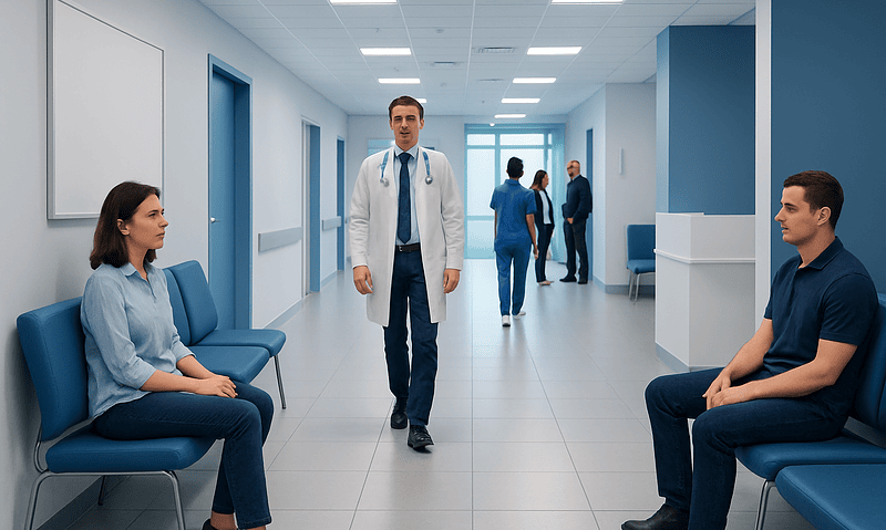 Doctor consulting with patients in a hospital corridor.
