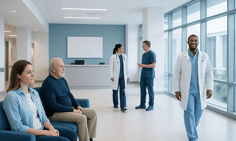 Medical professionals and patients in a modern hospital waiting area.